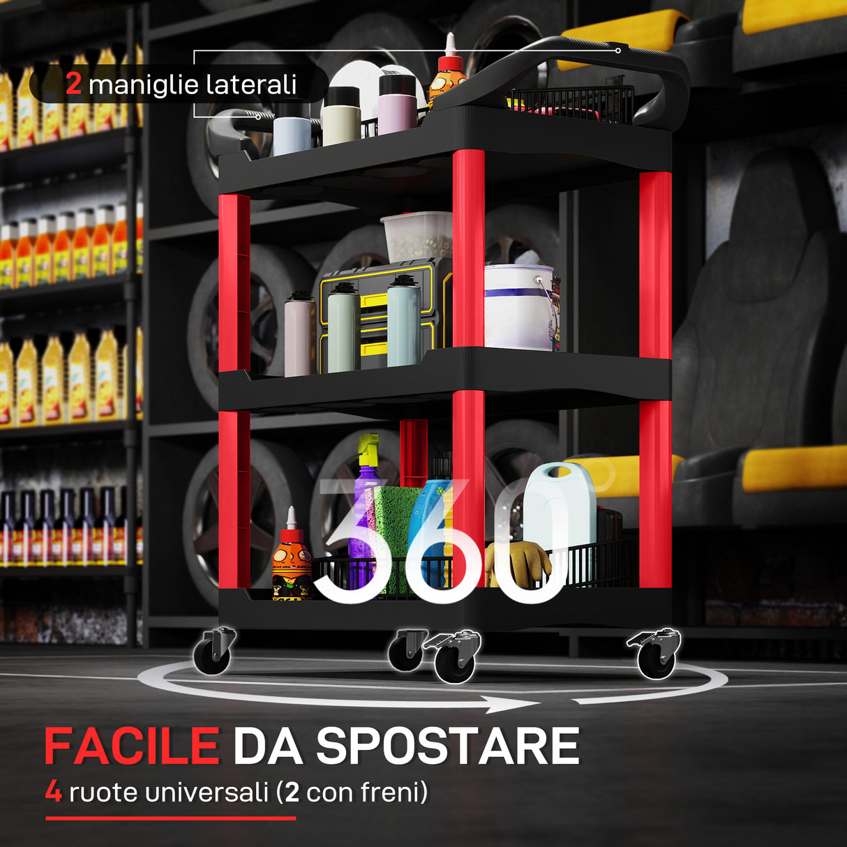 easycomfort easycomfort carrello porta attrezzi a 3 livelli in plastica con maniglie e ruote capacita 91 kg 83x43x97 cm rosso