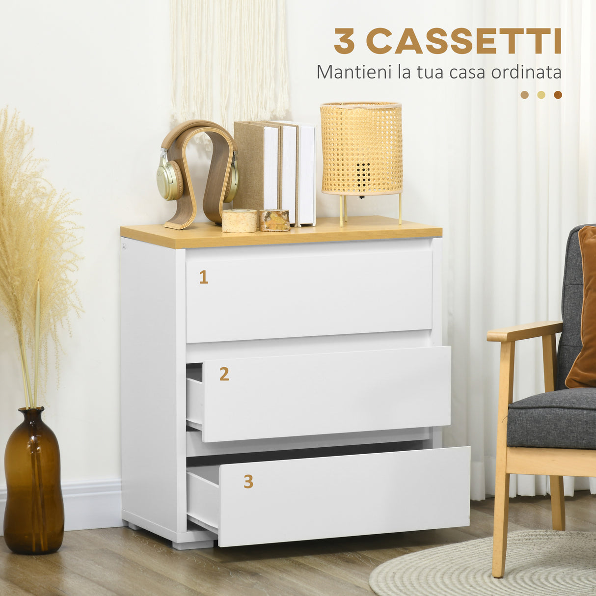 easycomfort easycomfort cassettiera a 3 cassetti in truciolato bianco per camera da letto studio e soggiorno 70lx37x75cm