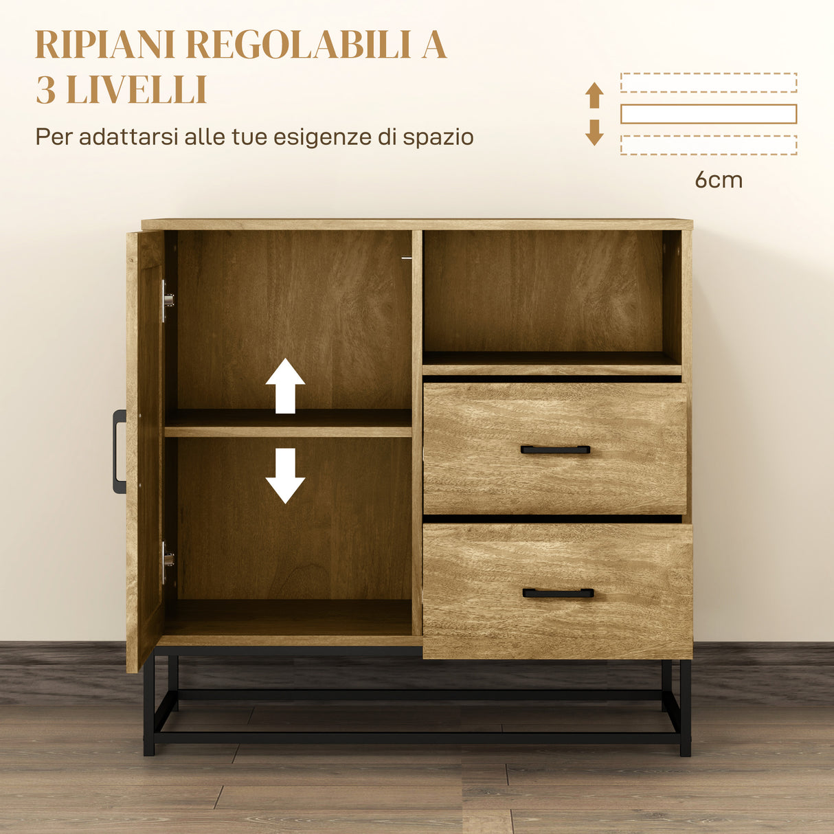 easycomfort easycomfort credenza moderna con 2 cassetti armadietto regolabile e ripiano aperto in legno e acciaio 80x40x78 cm marrone