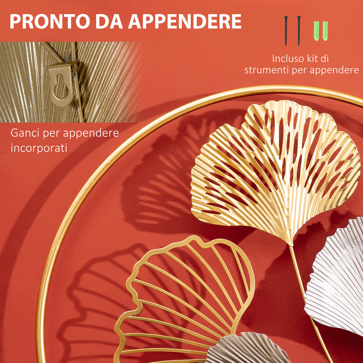 easycomfort easycomfort decorazione murale 3d in metallo wall art dorata con ginkgo in due cornici rotonde 102x66 2cm oro e argento