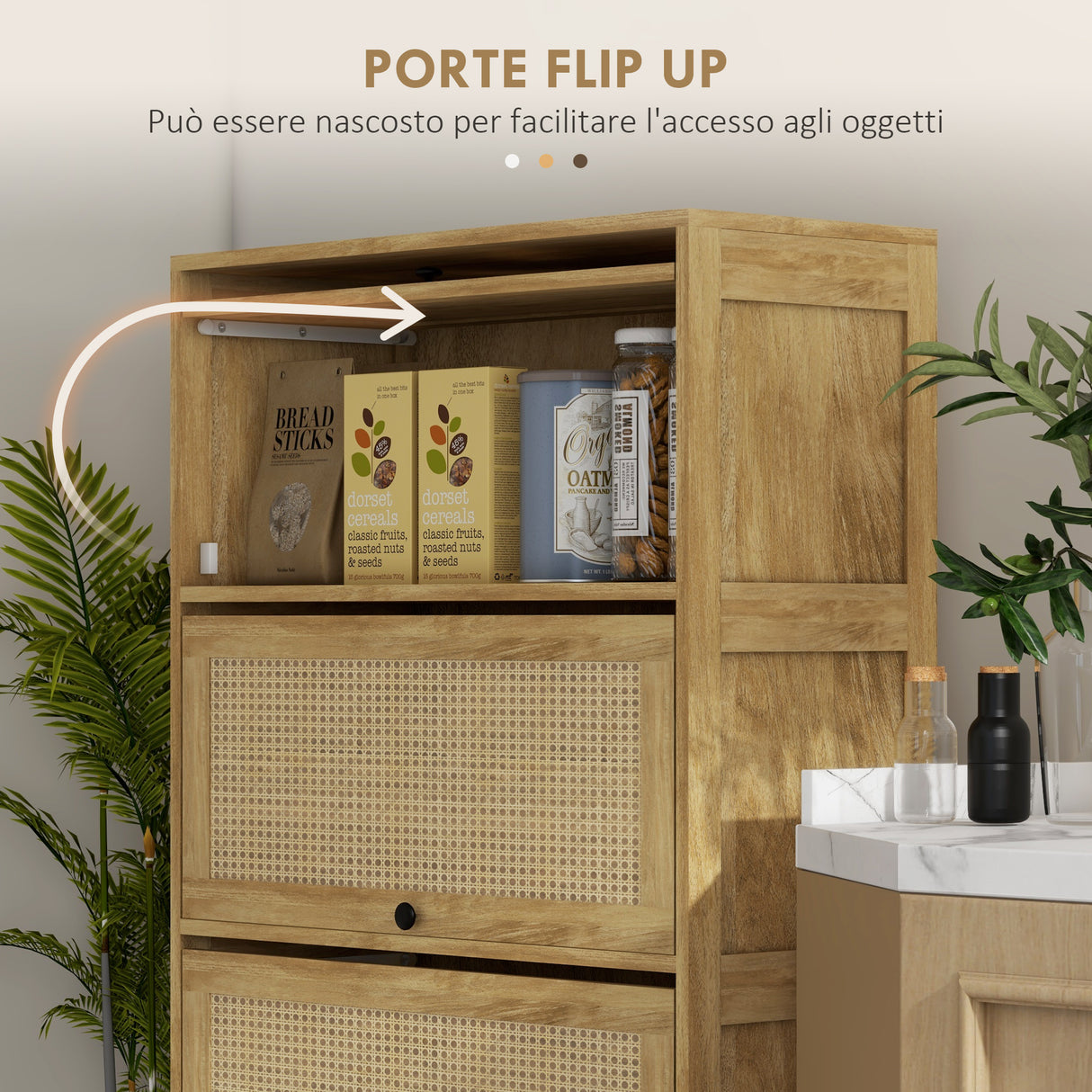 easycomfort easycomfort mobile cucina in stile boho con 4 ante a ribalta in truciolato e rattan 70x32x132 8 cm