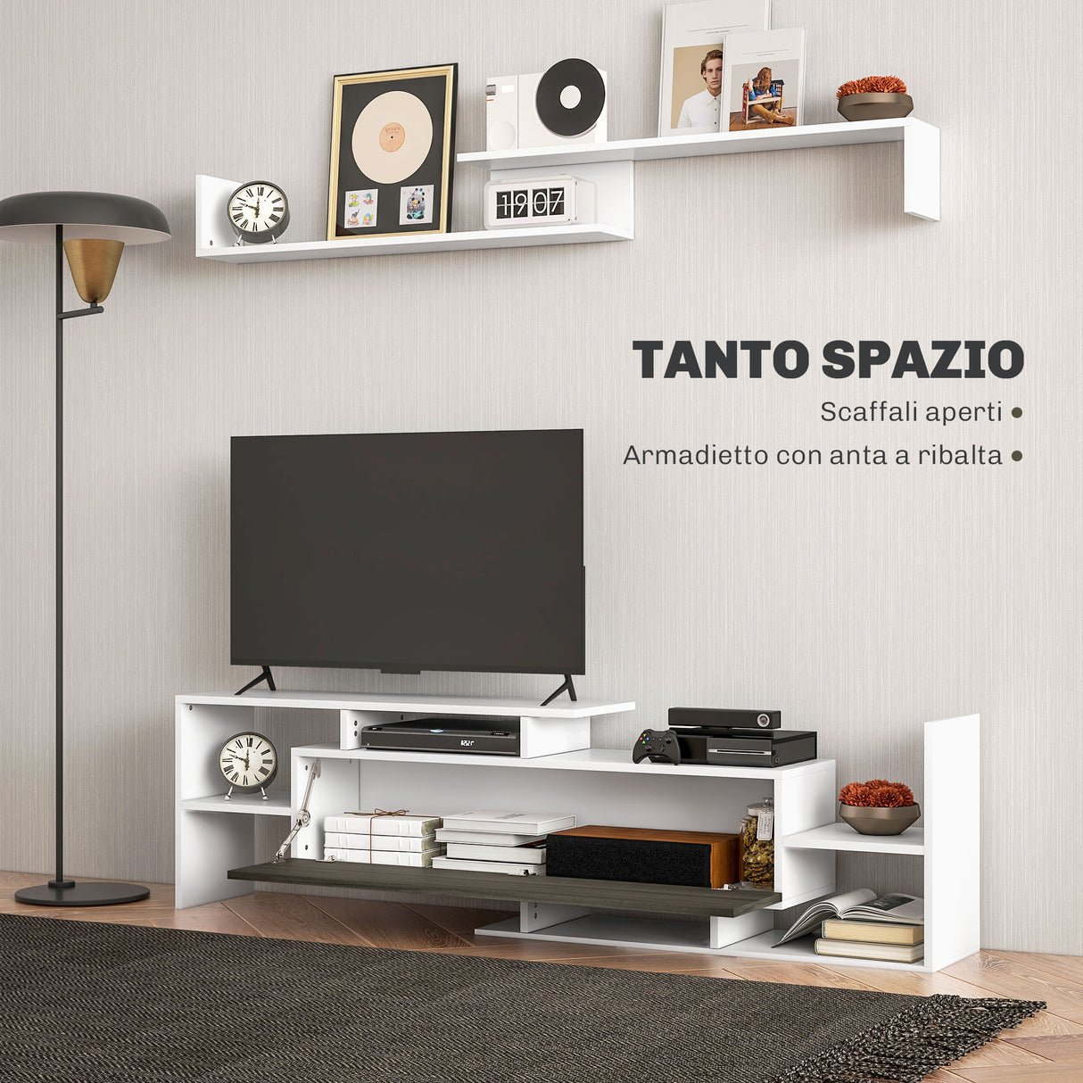 easycomfort easycomfort mobile tv con mensola a muro ripiani aperti e armadietto in legno bianco e nero