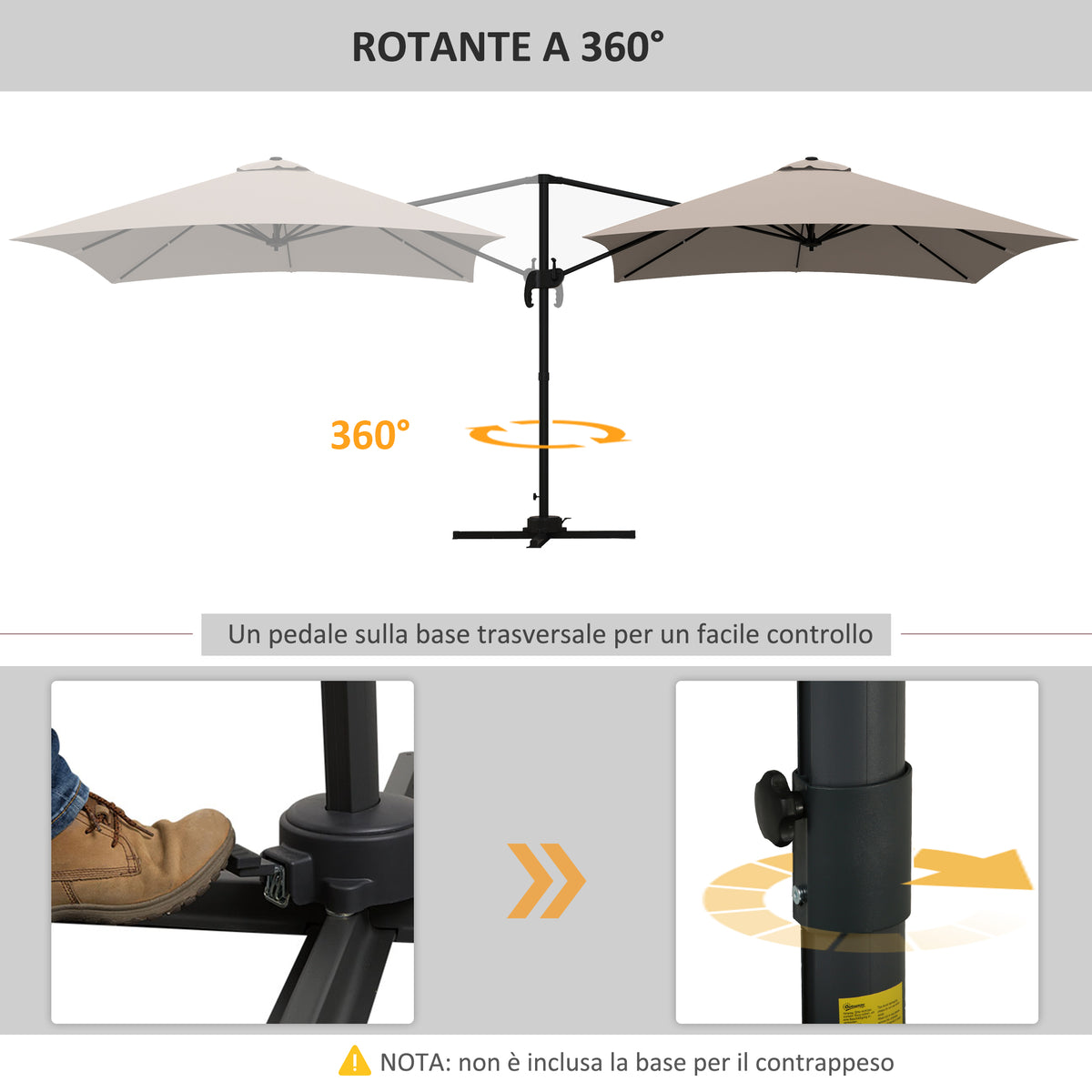 easycomfort easycomfort ombrellone 3x3 m a braccio con 8 stecche pedale e manovella in alluminio e poliestere color khaki