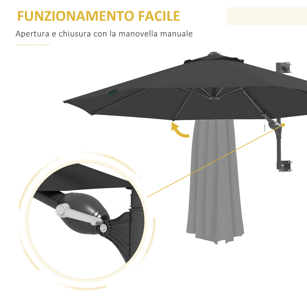 easycomfort easycomfort ombrellone da giardino a parete girevole a 180 con manovella e 8 stecche grigio