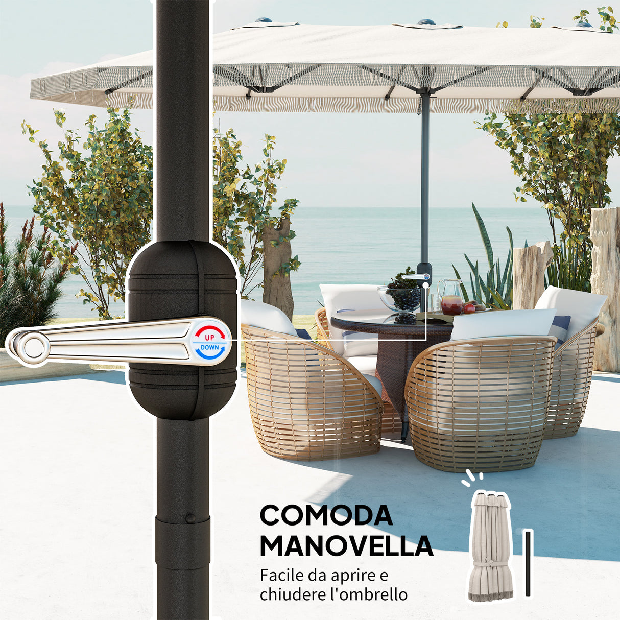 easycomfort easycomfort ombrellone doppio a 12 stecche con manovella in poliestere e acciaio 450x265x260 cm bianco crema