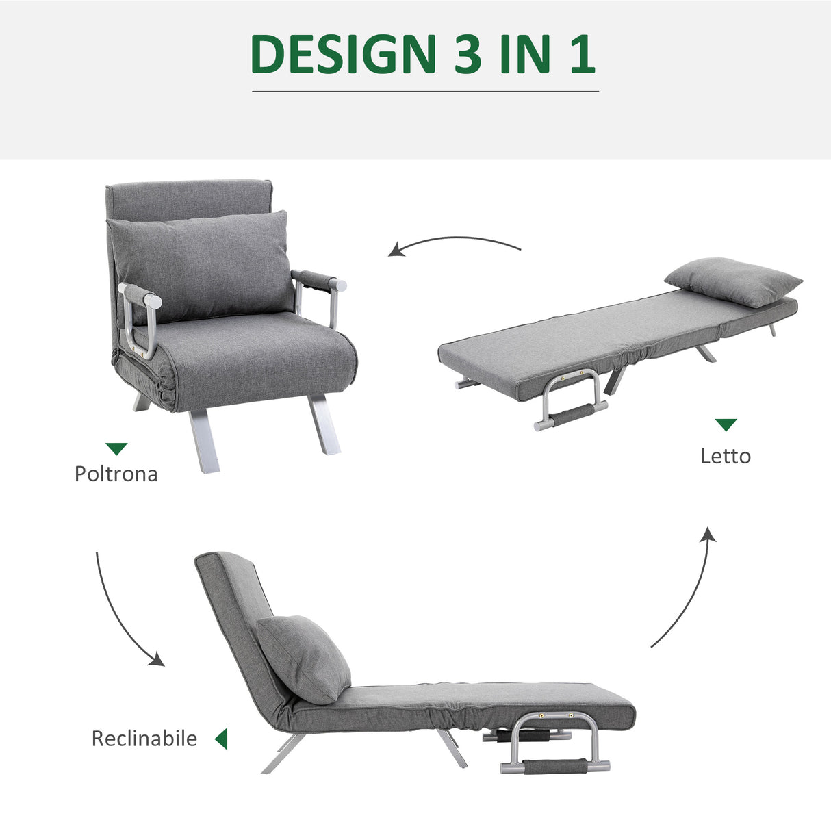 easycomfort easycomfort poltrona letto singola con schienale regolabile su 5 livelli e cuscino in tessuto grigio chiaro