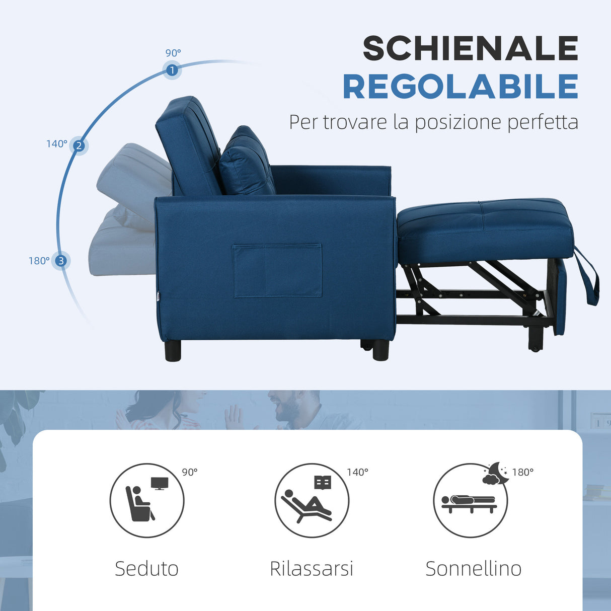 easycomfort easycomfort poltrona letto singola reclinabile su 3 livelli con cuscino e 2 tasche laterali 69x82x85cm blu