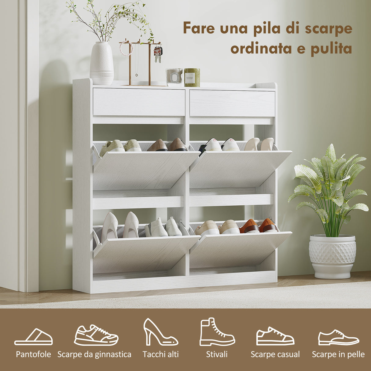 easycomfort easycomfort scarpiera slim in legno con 4 cassetti a ribalta e 2 cassetti scorrevoli 98x19 2x95 3 cm bianco