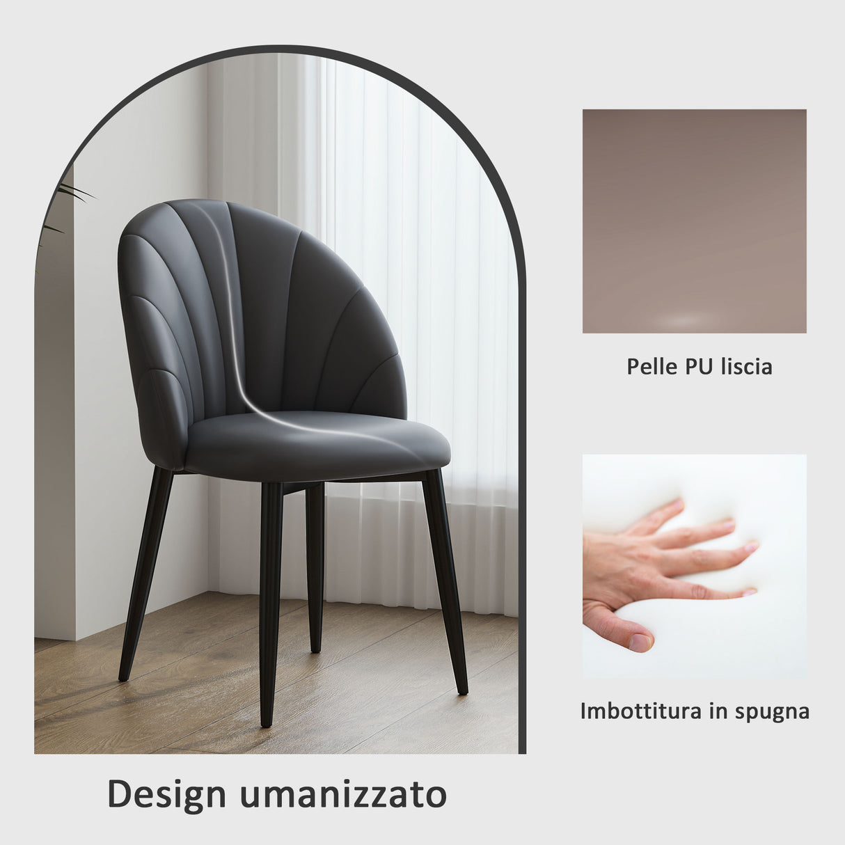 easycomfort easycomfort set 2 sedie da pranzo in pelle pu con gambe in metallo e schienale a conchiglia grigio scuro
