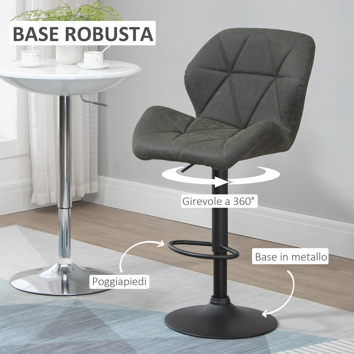 easycomfort easycomfort set 2 sgabelli da bar con altezza regolabile base in metallo e seduta in finta pelle sgabelli con schienale e poggiapiedi 51 5x57 5x93 114 5 cm verde militare