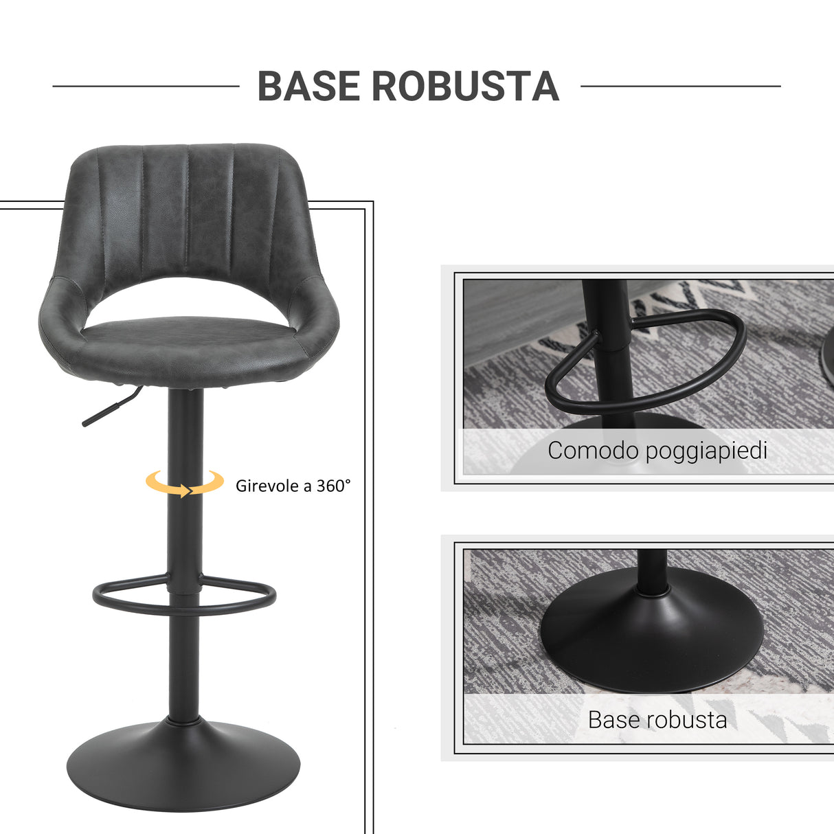 easycomfort easycomfort set 2 sgabelli da bar girevoli con schienale e poggiapiedi sgabelli alti moderni con altezza regolabile base in metallo seduta finta pelle grigia 44x49x90 110cm