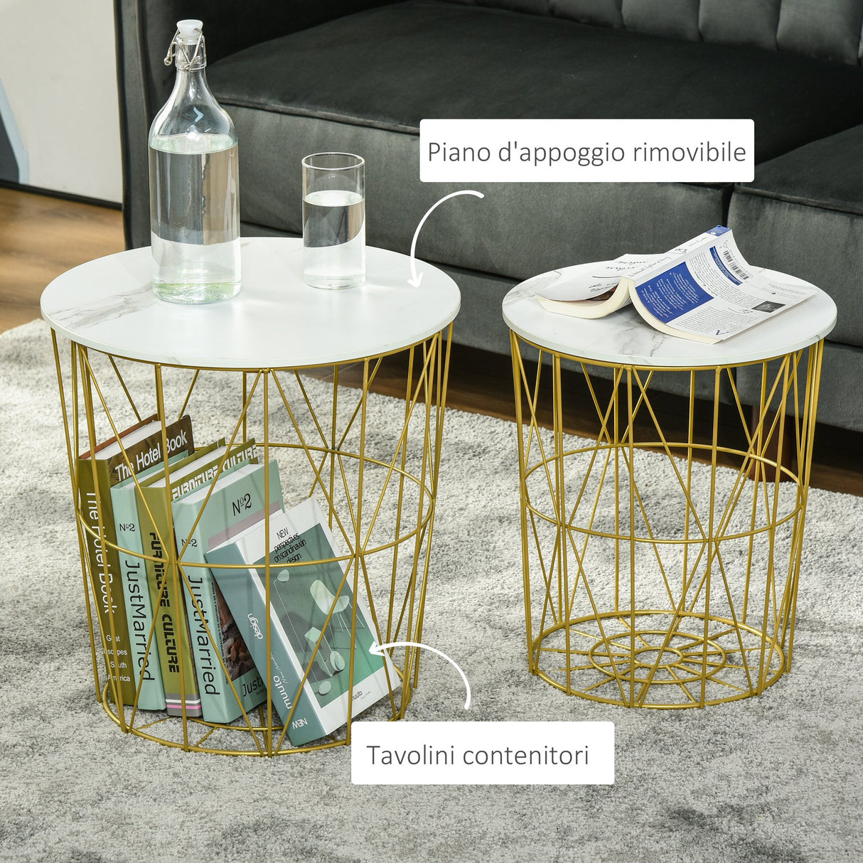 easycomfort easycomfort set 2 tavolini da salotto moderni impilabili con ripiano rimovibile tavolino da caffe con contenitore per soggiorno e camera bianco oro