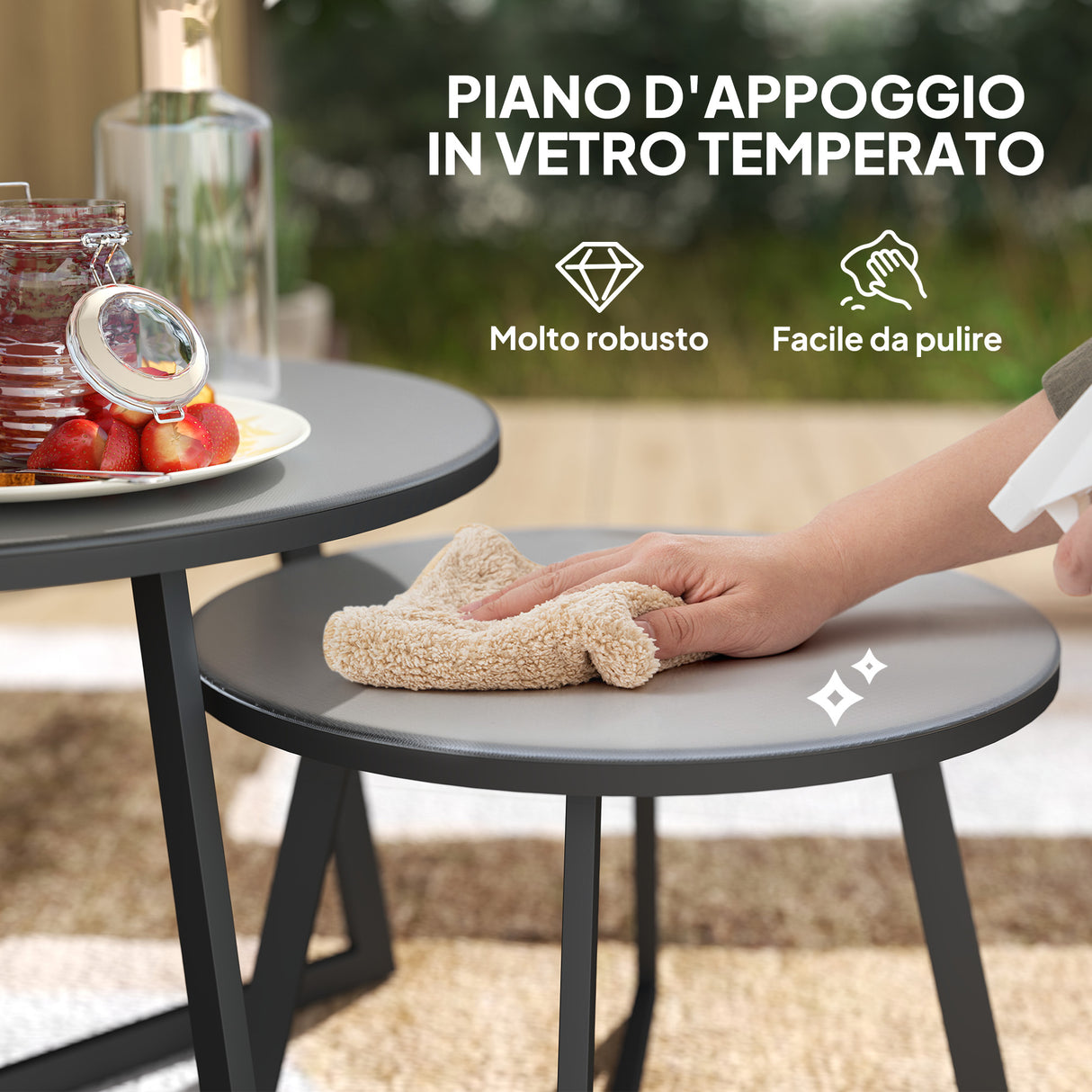 easycomfort easycomfort set 2 tavolini per esterni con piano in vetro temperato 70x45 cm e 50x35 cm grigio