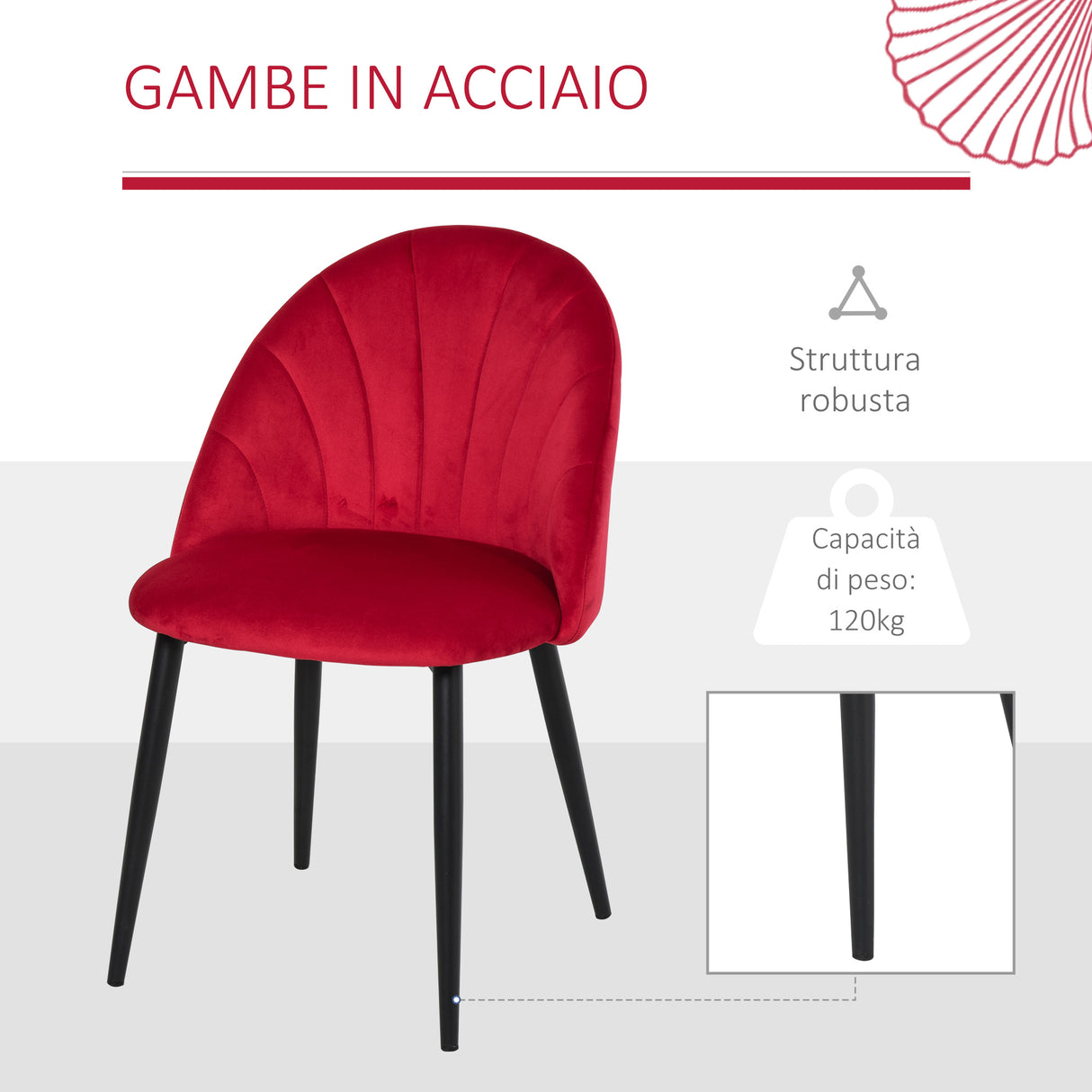 easycomfort easycomfort set di 2 sedie sala da pranzo sedie cucina moderne con schienale a conchiglia e gambe in metallo sedia in velluto con imbottita per cucina camera da letto ufficio e soggiorno rosso ean 8055776912158