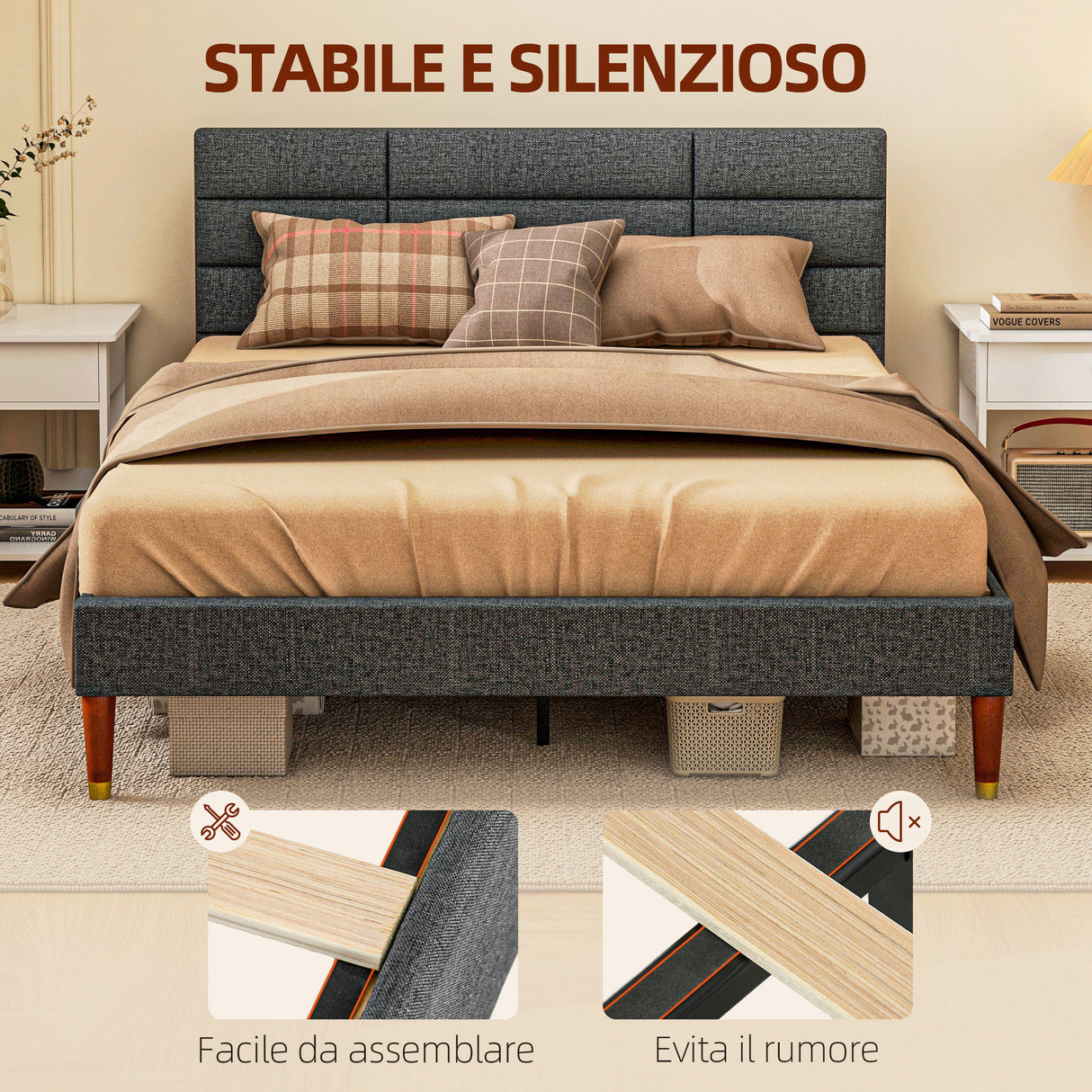 easycomfort easycomfort struttura letto con testiera per materassi matrimoniali in tessuto 141x207x88 cm grigia