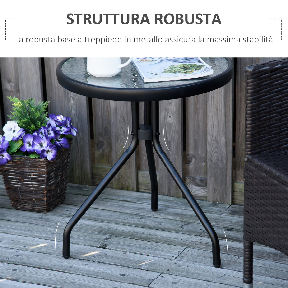 easycomfort easycomfort tavolino da giardino rotondo con ripiano in vetro e struttura in metallo 50x55cm nero