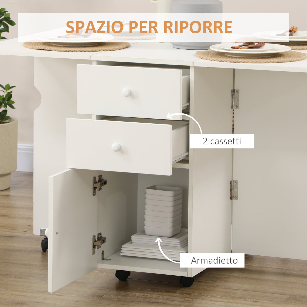 easycomfort easycomfort tavolo da cucina a ribalta con 2 cassetti e armadietto ad ante in truciolato 120x80x75 cm bianco