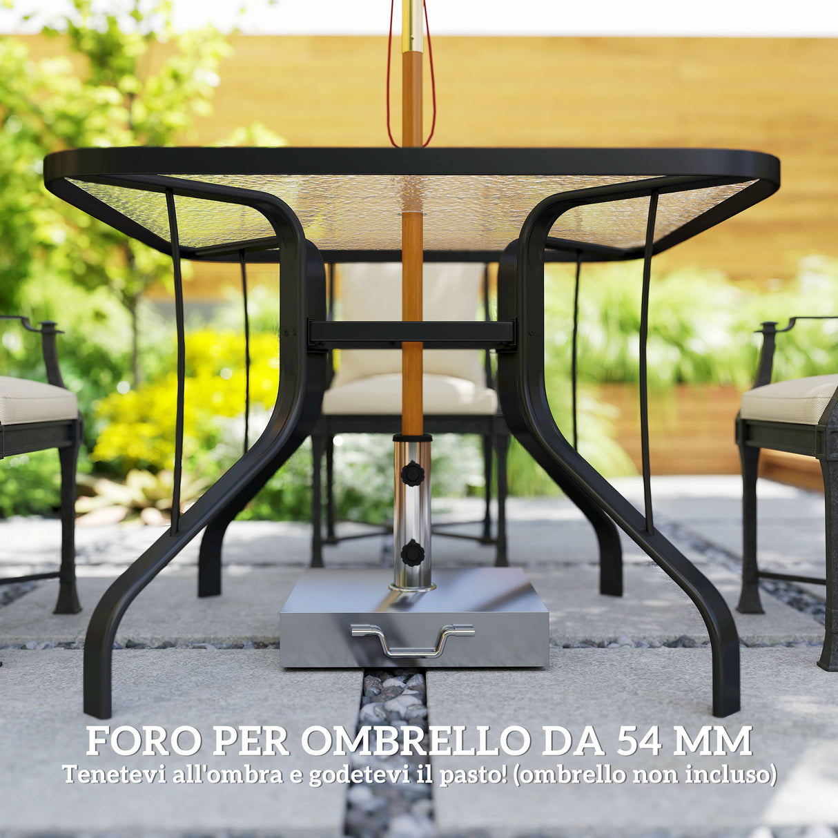 easycomfort easycomfort tavolo da giardino quadrato a 4 posti con piano in vetro e foro per ombrellone 54 mm nero