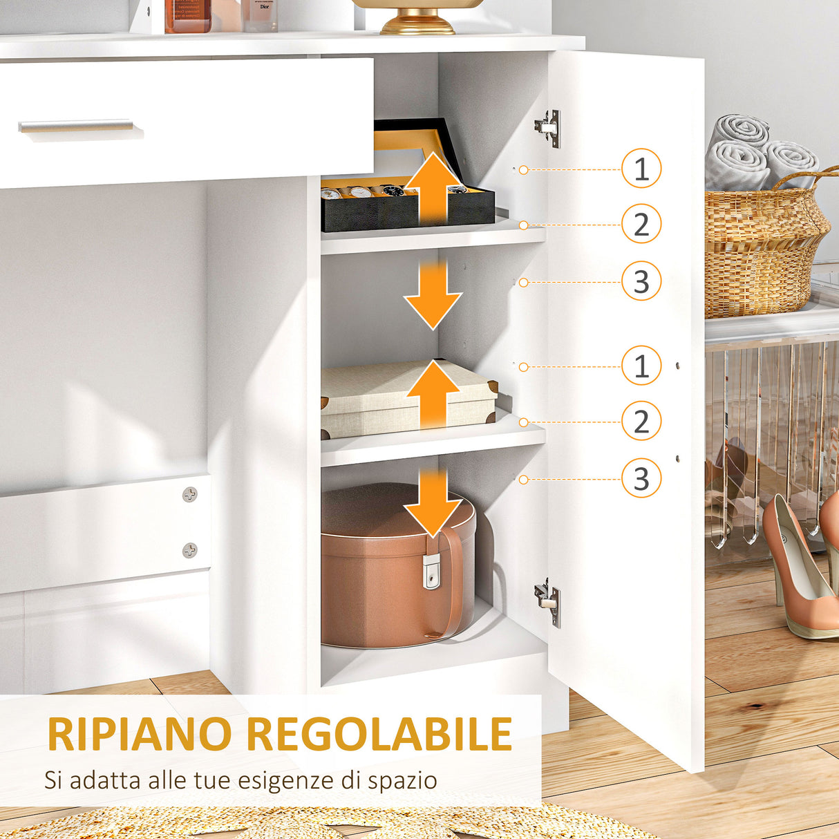 easycomfort easycomfort tavolo per trucco in truciolato con mobiletto cassetto ripiani aperti e specchio 90x38x138 cm bianco