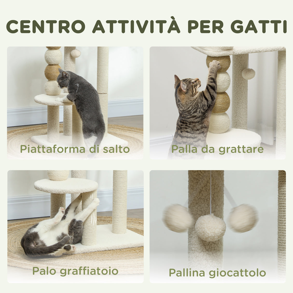 easycomfort easycomfort torre per gatti con lettino piattaforma e pallina giocattolo in legno peluche e iuta 48 5x40x76 cm beige