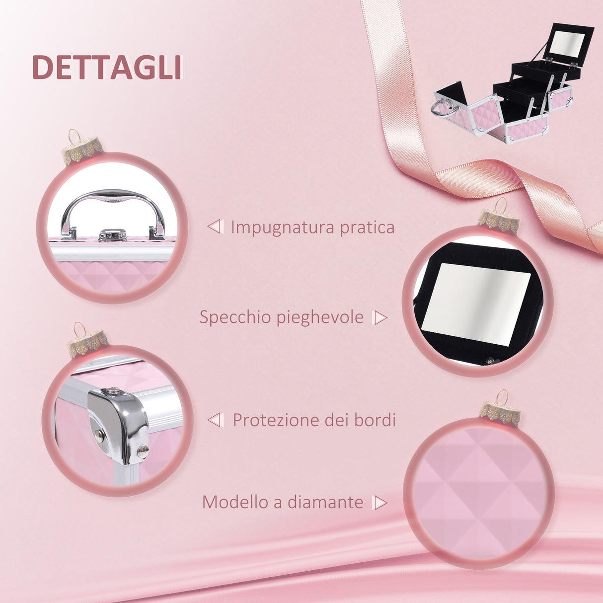 easycomfort easycomfort valigetta porta trucchi con profili in alluminio maniglia e vassoio cantilever 20x15x15cm rosa