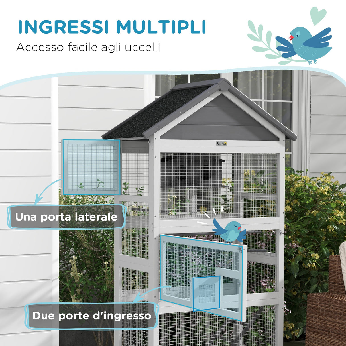 easycomfort easycomfort voliera per uccellini a 3 porte con casetta e vassoio in legno e metallo 92x52x171 cm grigia e nera