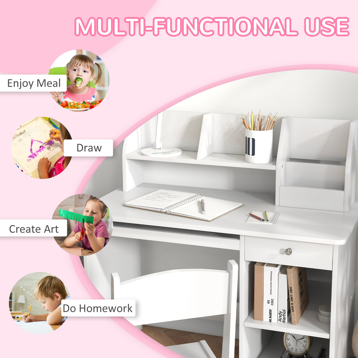 easycomfort easycomfortzonekiz banco scuola e sedia per bambini da 5 8 anni con scaffale e mensola estraibile in legno bianco