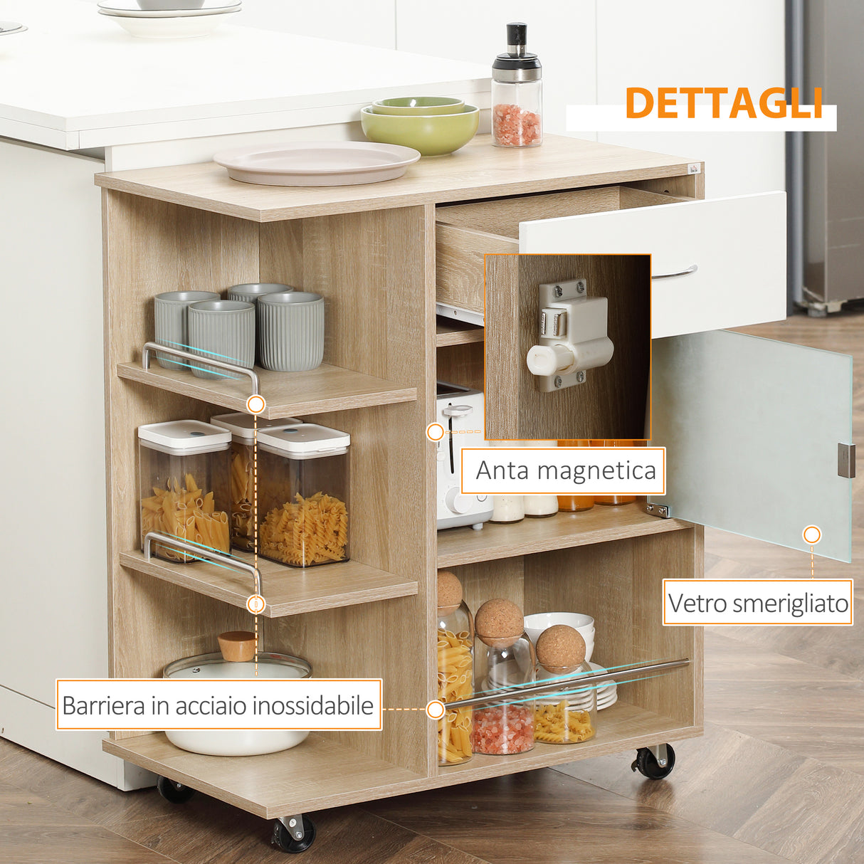 easycomfort easycomfort carrello da cucina portavivande con cassetto ripiani e armadietto in legno acciaio e vetro 65x39x80cm