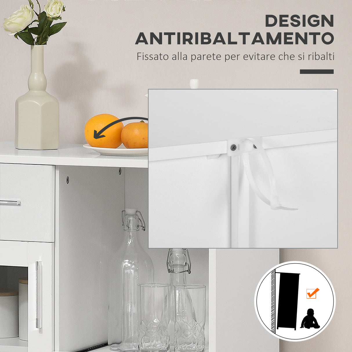 easycomfort easycomfort credenza moderna con armadietti e cassetto in legno e vetro 60x40x95cm bianco