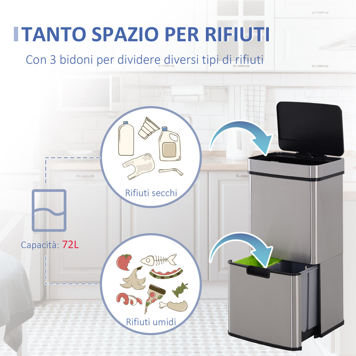 easycomfort easycomfort pattumiera 72l a 3 scomparti con sensore infrarossi e apertura automatica in acciaio e abs 42x30x81 cm
