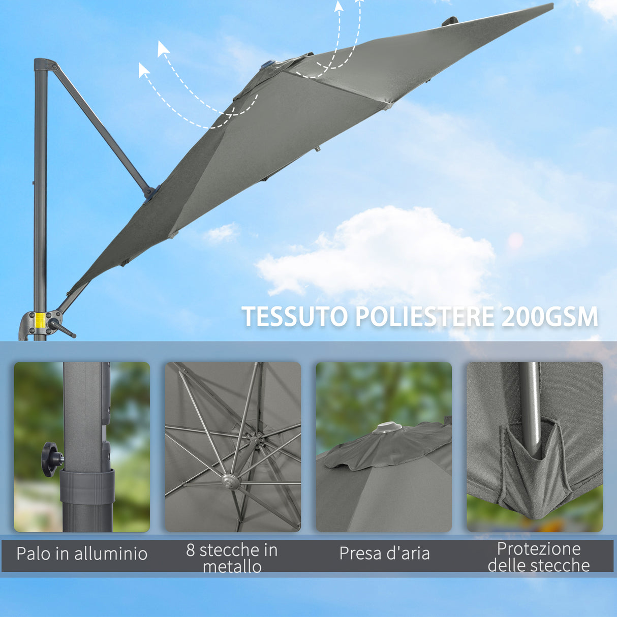 easycomfort easycomfort ombrellone da giardino decentrato 3x2 5 m girevole a 360 con angolazione regolabile grigio