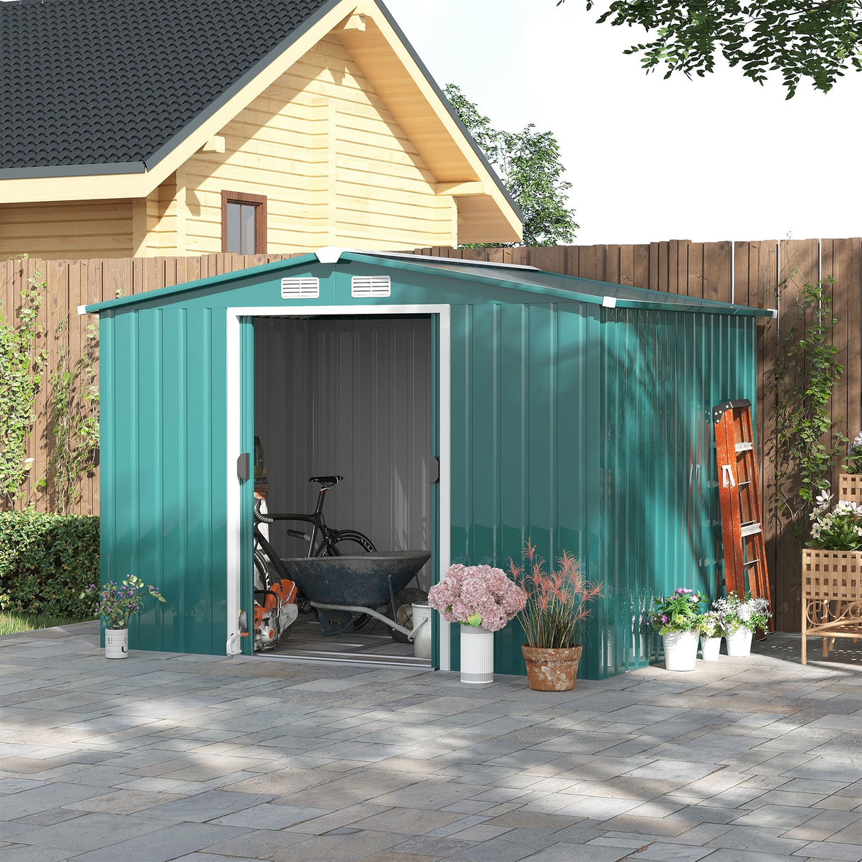 immagine-2-easycomfort-easycomfort-casetta-da-giardino-porta-utensili-in-lamiera-di-acciaio-con-porte-scorrevoli-260x206x179-cm-verde