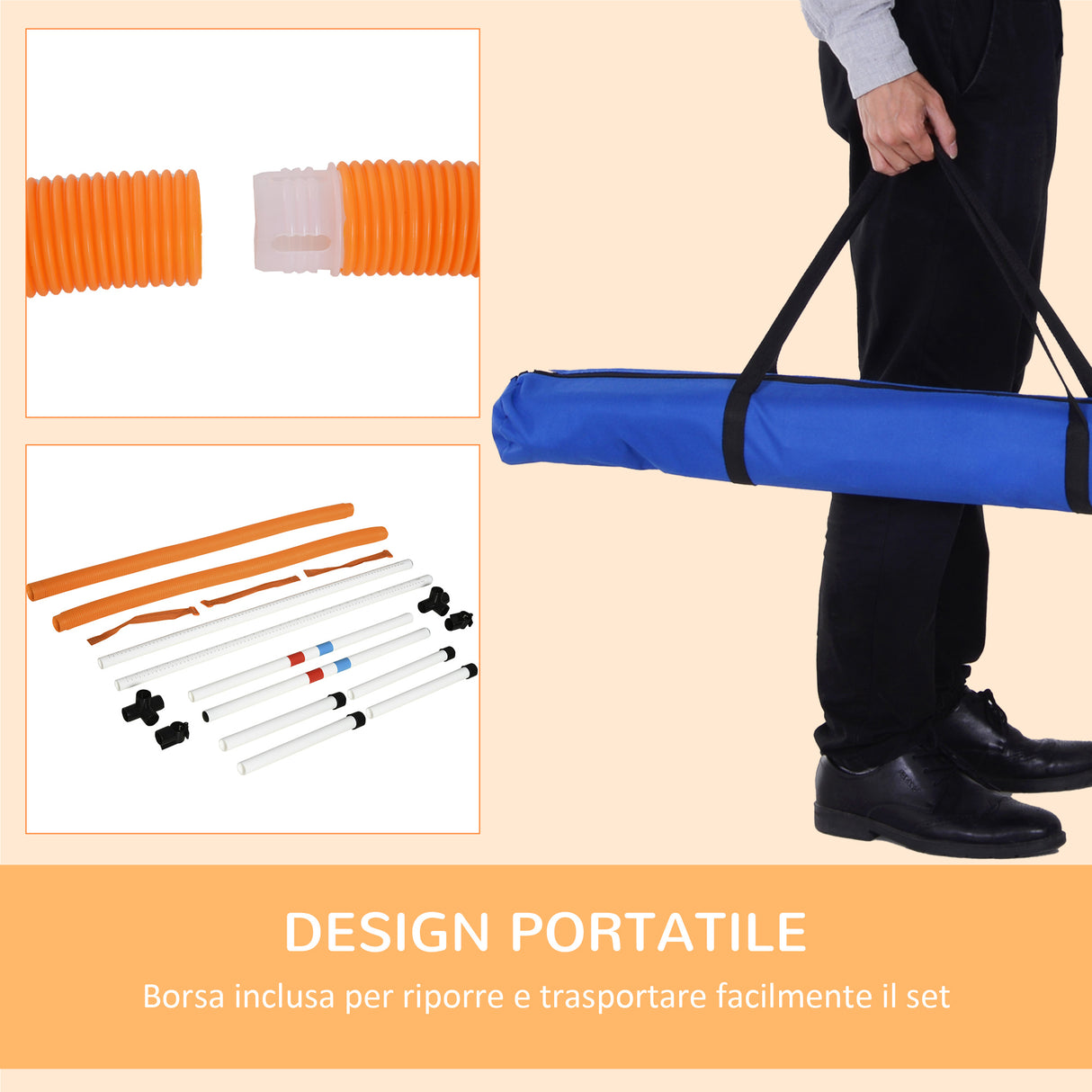 immagine-5-easycomfort-easycomfort-set-agility-dog-portatile-con-anello-e-sbarra-multiuso-e-salvaspazio-con-borsa-da-trasporto-inclusa-74-5x66x91cm-bianco-e-arancione