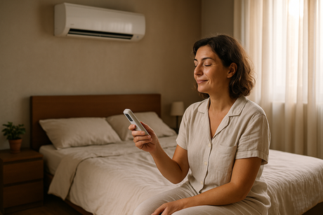 Una donna italiana di mezza età in pigiama di cotone leggero regola il telecomando del climatizzatore mentre è seduta comodamente sul letto in una camera da letto italiana accogliente.