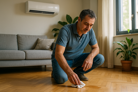 Un uomo italiano di mezza età in un soggiorno moderno osserva una piccola pozza d'acqua sotto un climatizzatore a parete, esprimendo una preoccupazione lieve mentre tiene un panno per asciugare.