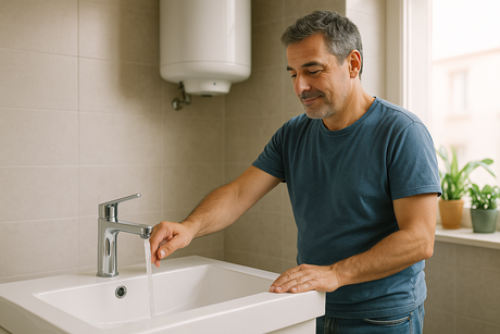 Un uomo italiano di mezza età verifica con soddisfazione la pressione dell'acqua in un moderno bagno di casa, girando il rubinetto con una mano.