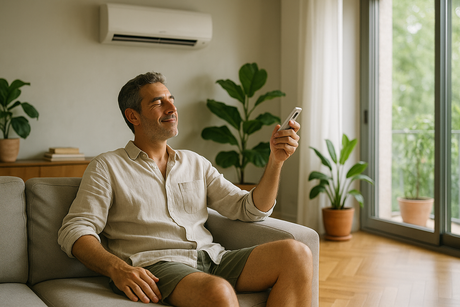 Un uomo italiano di mezza età seduto su un divano in un soggiorno moderno, con un telecomando puntato verso un climatizzatore a parete, esprime soddisfazione per l'aria fresca.