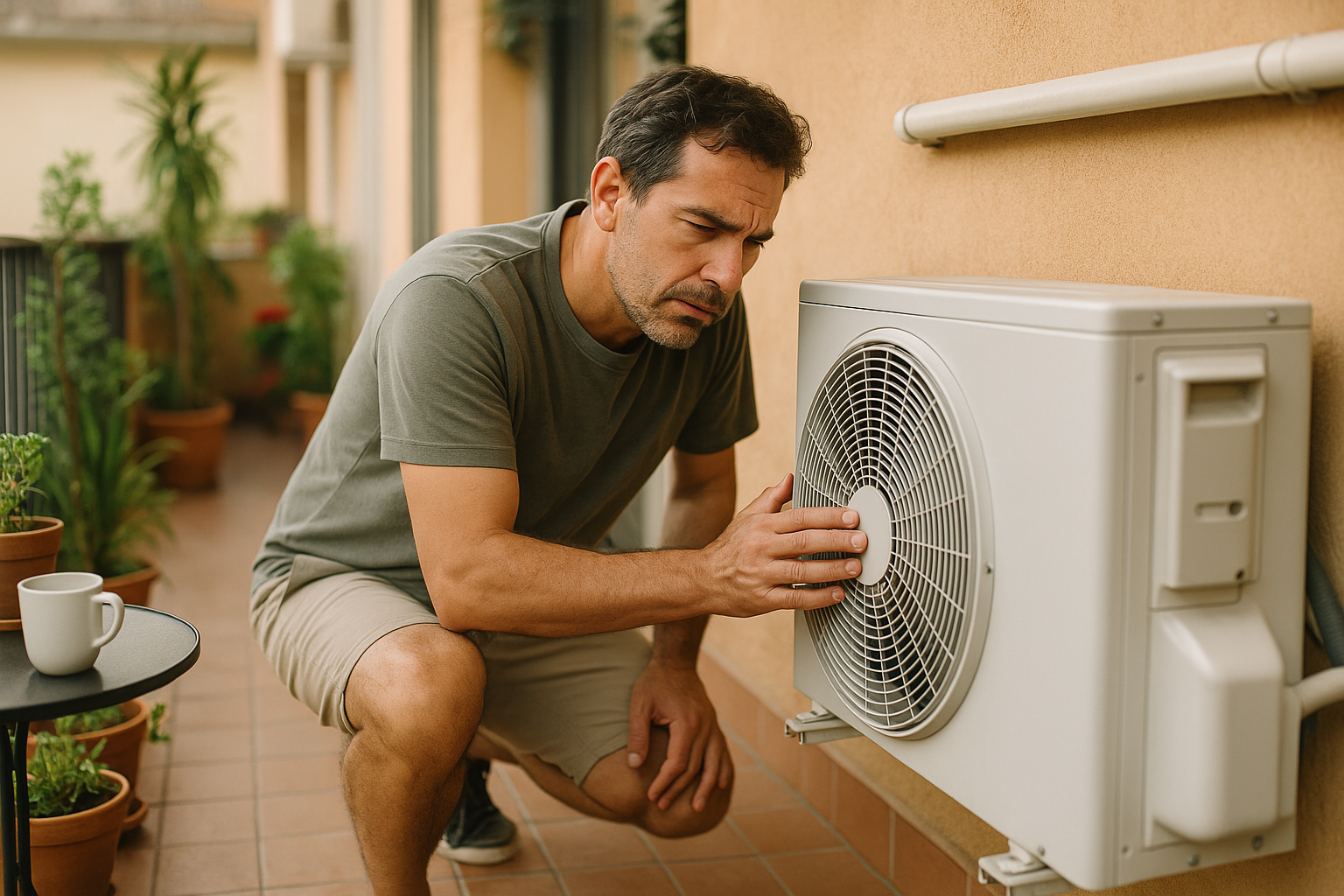 Uomo italiano di mezza età in abiti estivi casual, ispeziona l'unità esterna del climatizzatore su un balcone di appartamento italiano, cercando di individuare la fonte del rumore.