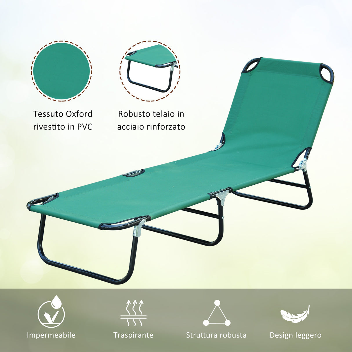 easycomfort sdraio da giardino pieghevole con schienale reclinabile su 4 posizioni 190x56x28cm verde