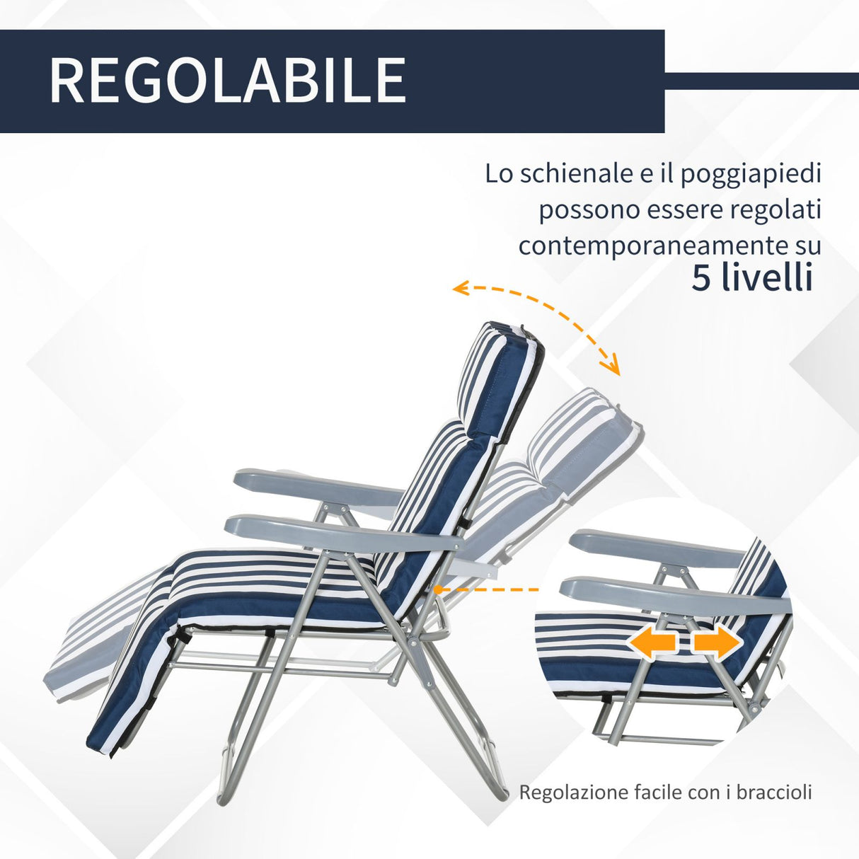 easycomfort easycomfort set 2 sedie a sdraio pieghevoli reclinabili con imbottitura a righe e braccioli bianco e blu