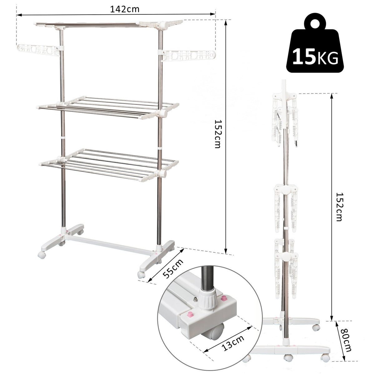 easycomfort easycomfort stendino verticale pieghevole in acciaio e plastica con 6 ruote e 3 ripiani regolabili 142x55x172 cm ean 8054144131443