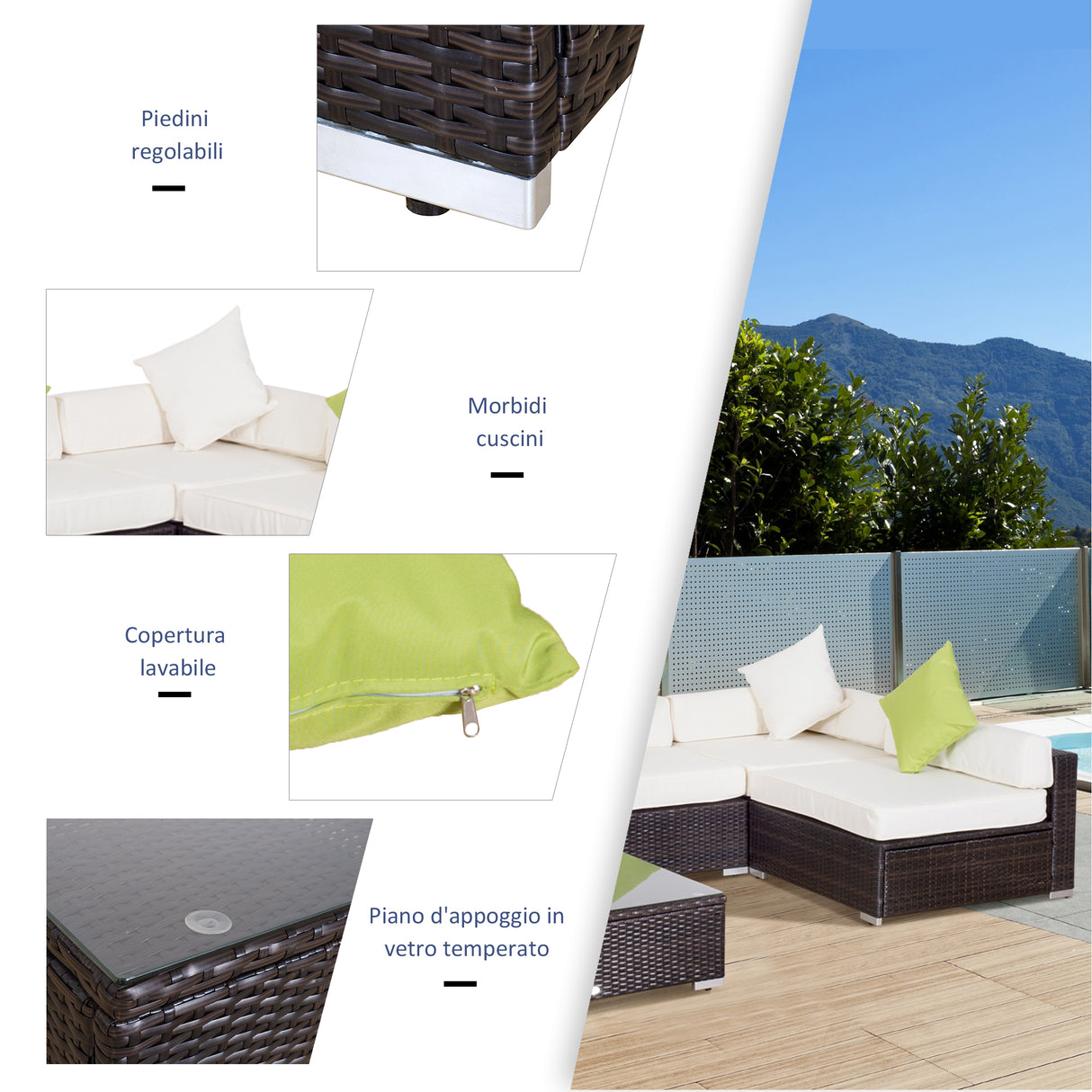 easycomfort easycomfort mobili da giardino in rattan pe con divano angolare e pouf con cuscini telaio set da 18 pezzi marrone