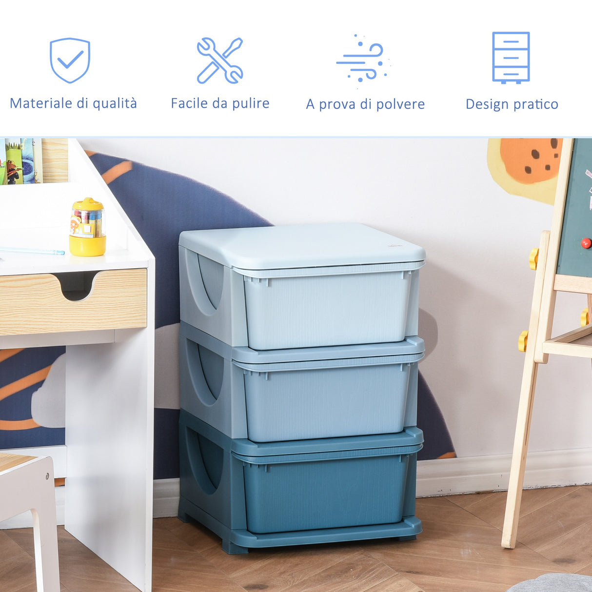 easycomfort easycomfort cassettiera in plastica colorata per cameretta con 3 cassetti 37x37x56 5cm blu