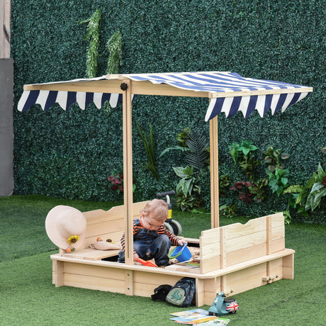 easycomfort easycomfort sabbiera per bambini in legno con tettuccio parasole panca e coperchio 106x106x121cm bianco e blu