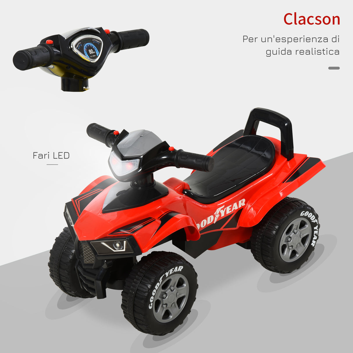 easycomfort easycomfort quad giocattolo per bambini 18 36 mesi con licenza goodyear con luci e suoni realistici rosso e nero 60x31x42cm