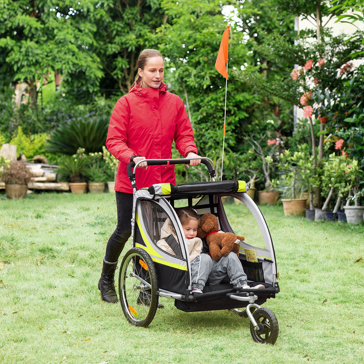easycomfort rimorchio per bicicletta per 2 bambini 2 in 1 passeggino con cinture di sicurezza catarifrangenti e bandierina giallo
