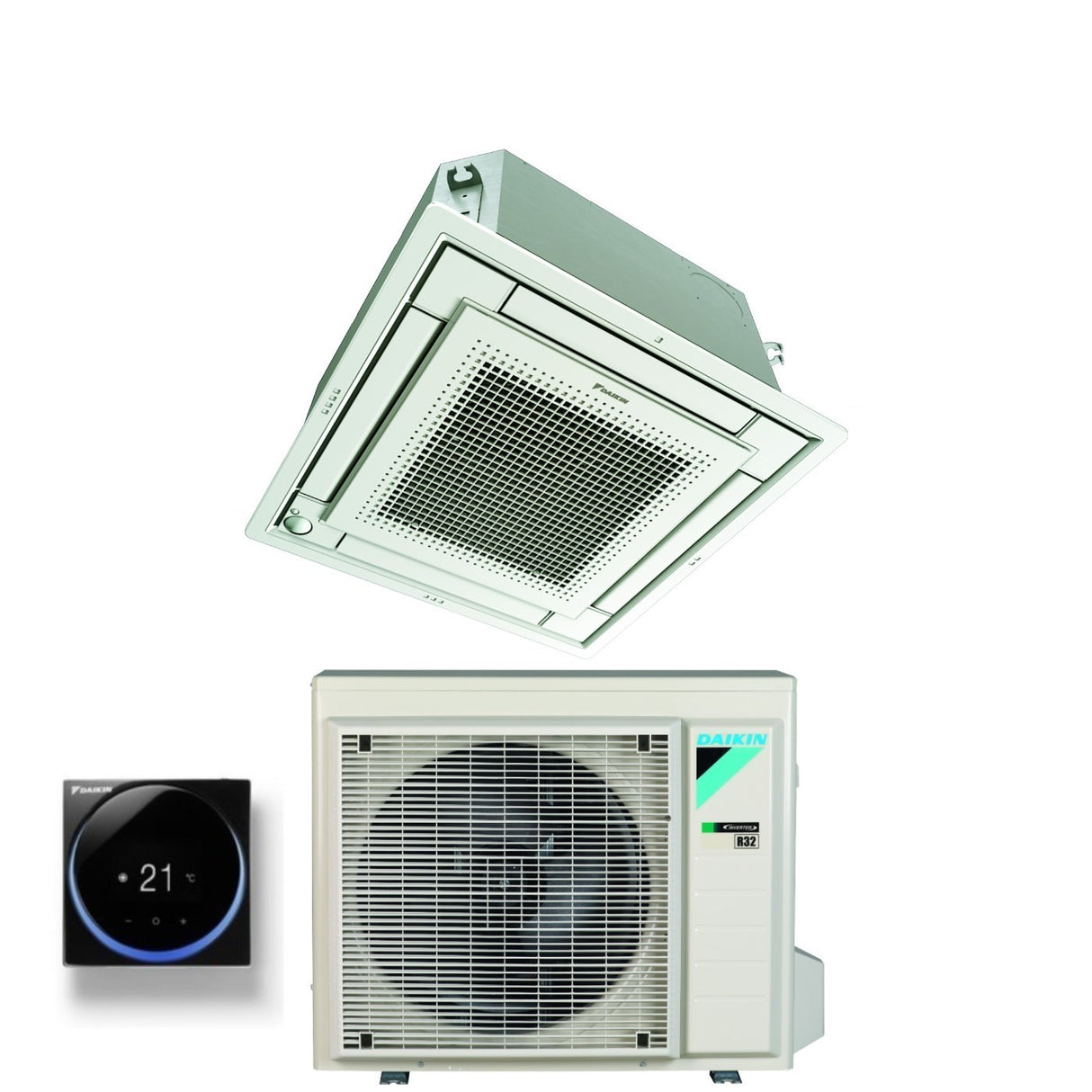 Climatiseur cassette Daikin 21 000 BTU FFA60A9 R-32 avec Wi-Fi en option, grille blanche incluse, classe énergétique A+/A+, garantie italienne