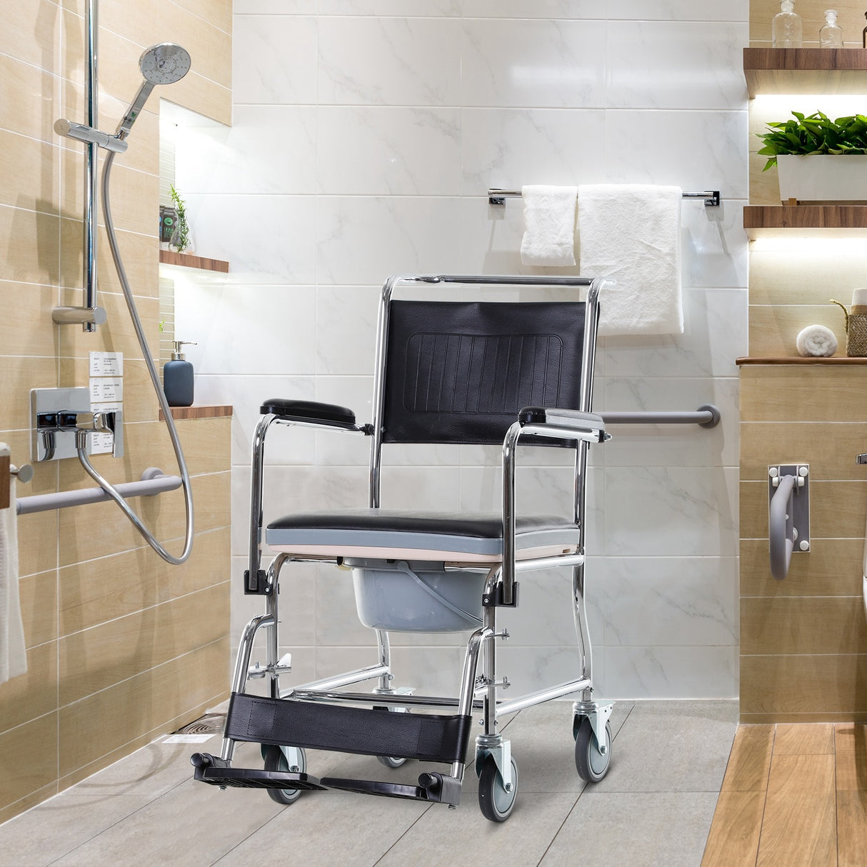 easycomfort easycomfort sedia a rotelle impermeabile con wc seduta in ecopelle 4 ruote vaso rimovibile per anzianidisabili 84x54x96cm ean 8054144133058