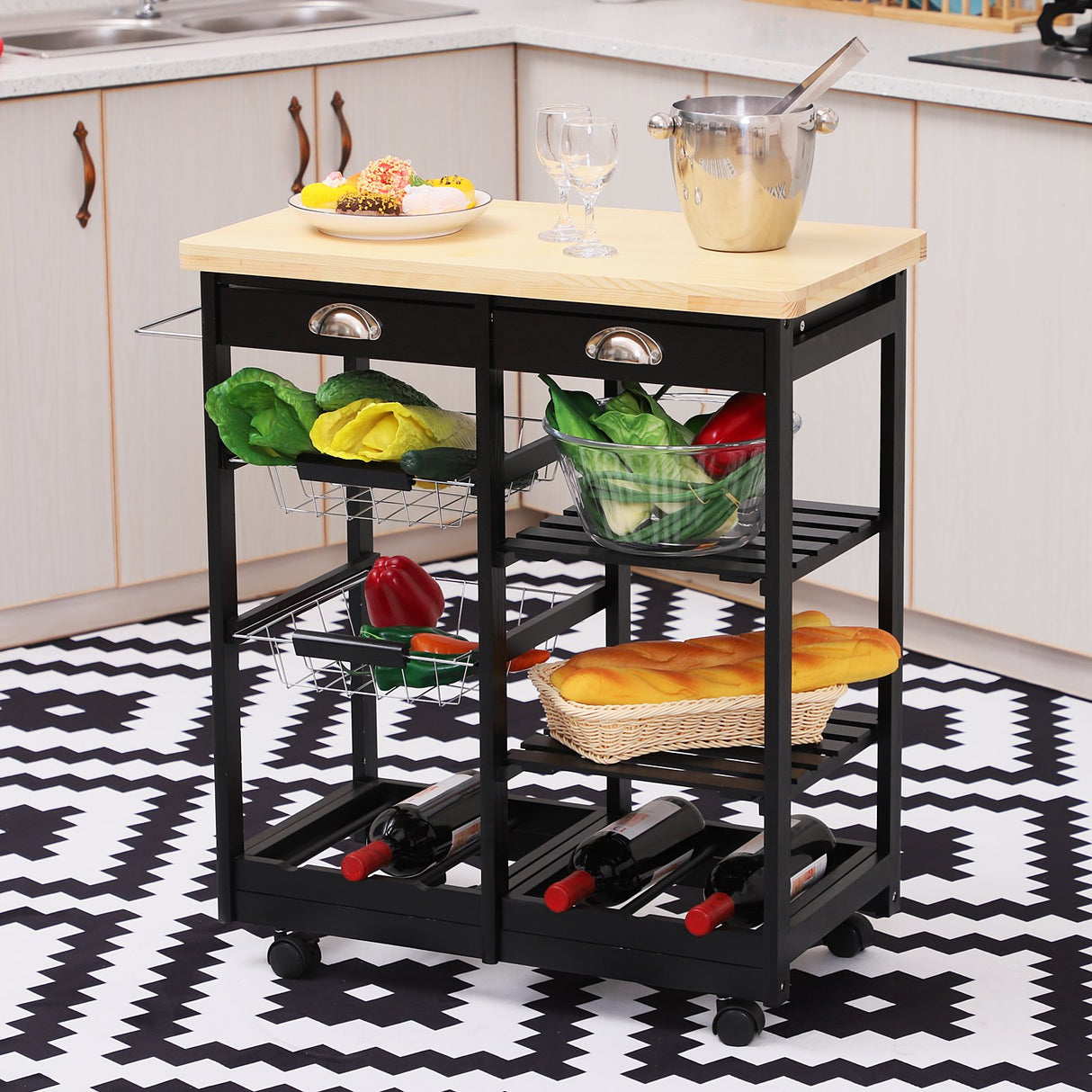 easycomfort easycomfort carrello da cucina con cassetti e portabottiglia vino legno e nero ean 8054144137247