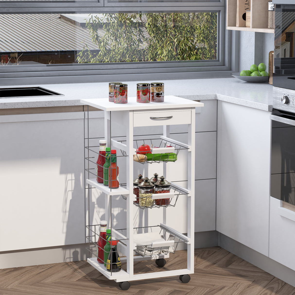 easycomfort easycomfort carrello isola da cucina salvaspazio in legno di pino carrello portavivande con 4 ruote cassetto 3 cesti estraibili portafrutta bianco ean 8054111845854